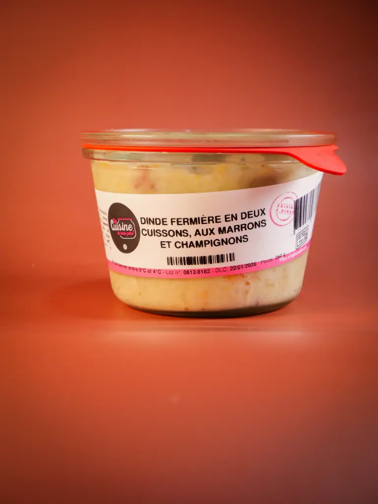 DINDE FERMIÈRE EN DEUX CUISSONS, AUX MARRONS ET CHAMPIGNONS