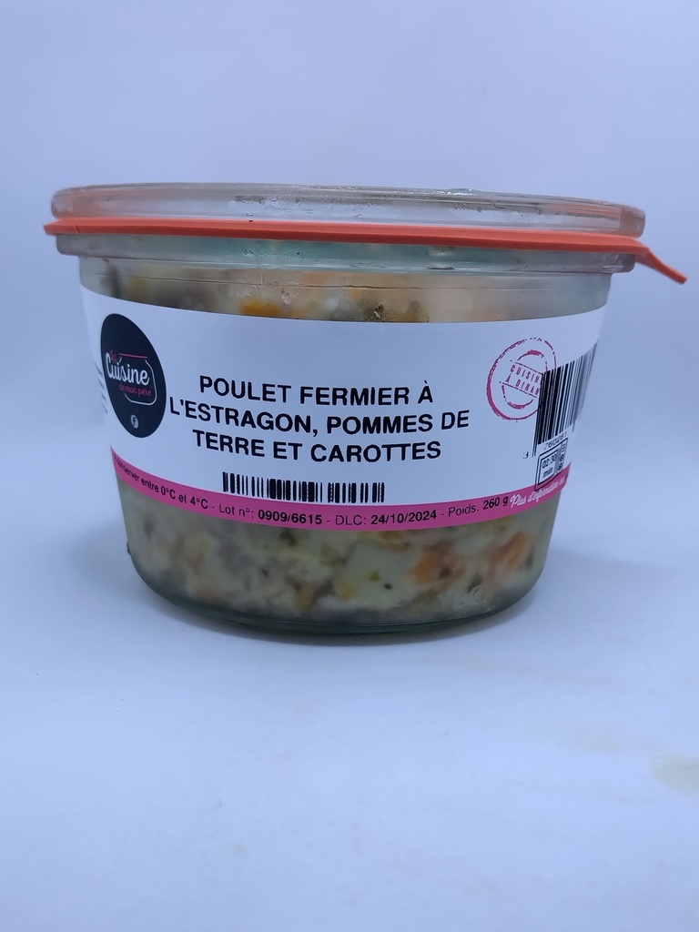 POULET FERMIER À L'ESTRAGON, POMMES DE TERRE ET CAROTTES 